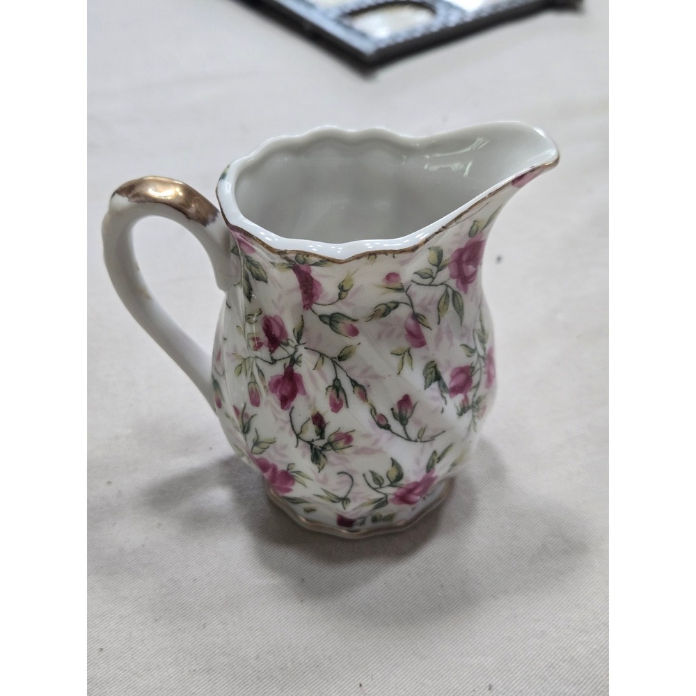 Vintage Crown China Pink Rosebud Creamer Pitcher Gold Gilt Scalloped 912R